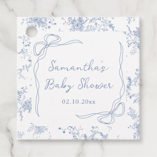 Blue Floral Bow Baby Dusche Geschenkanhänger (Vorderseite)