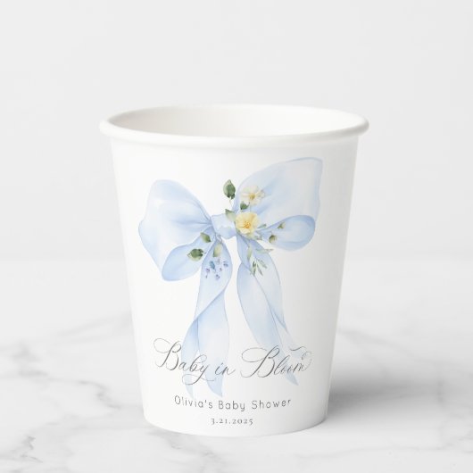 Blue Floral Bow Baby in Bloom Baby Dusche Pappbecher (Vorderseite)