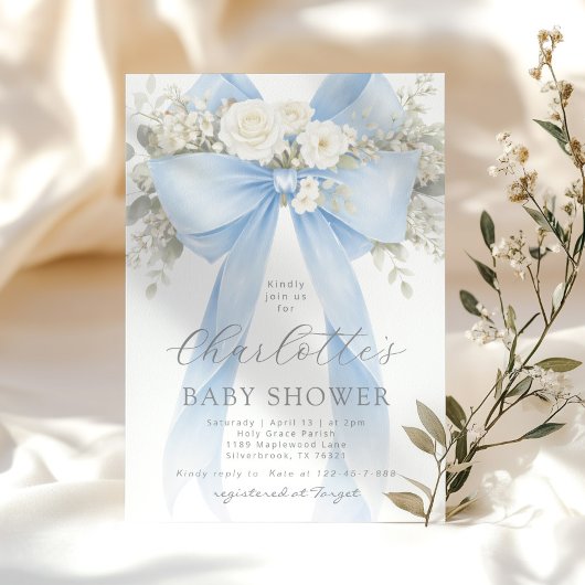 Blue Floral Bow It's a Boy Baby Shower Einladung