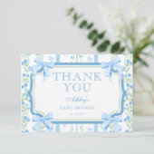 Blue Floral Boy Baby Dusche Danke Karte (Stehend Vorderseite)
