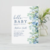Blue Floral Boy Baby Dusche Einladung (Stehend Vorderseite)
