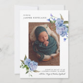 Blue Floral Boy Baby Foto Geburtsankündigung Ankündigung (Vorderseite)