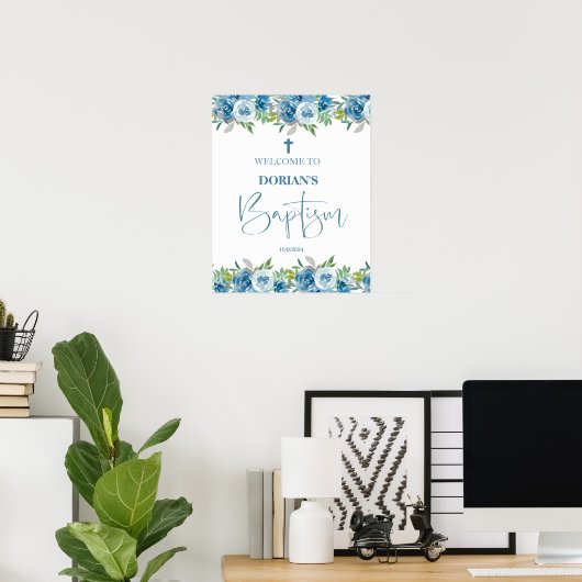 Blue Floral Boy Baptisposter Poster (Heimbüro)