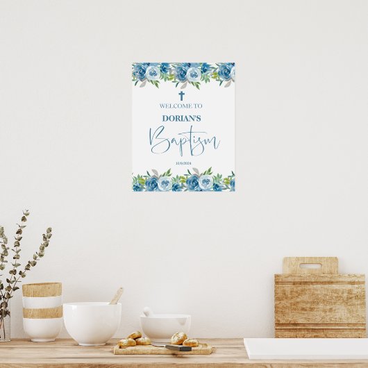 Blue Floral Boy Baptisposter Poster (Küche)