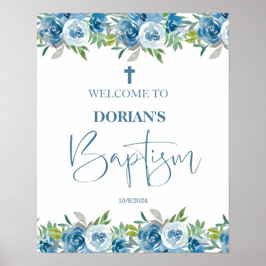 Blue Floral Boy Baptisposter Poster (Vorne)