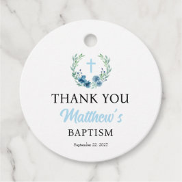Blue Floral Boy Baptisse Round Favor Tag Geschenkanhänger