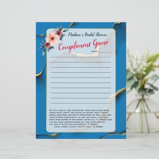 Blue Floral Brautparty Eisbrecher 💕 5 Word Spaß (Stehend Vorderseite)