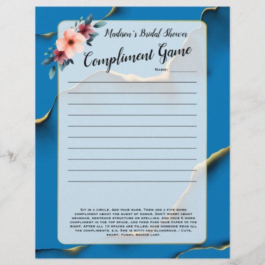 Blue Floral Brautparty Eisbrecher 💕 5 Word Spaß (Vorderseite)