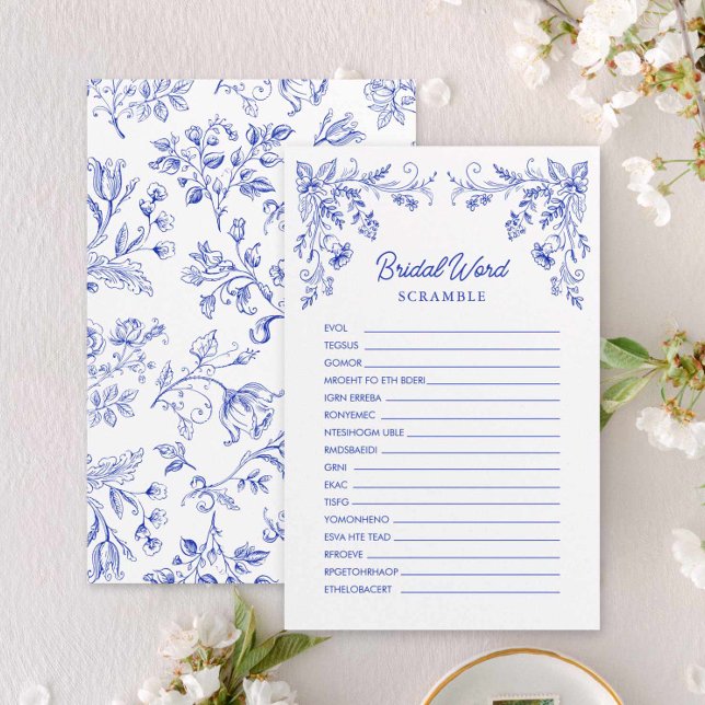 Blue Floral Brautparty Word Game (Something Blue Bridal Word Scramble Game Card)