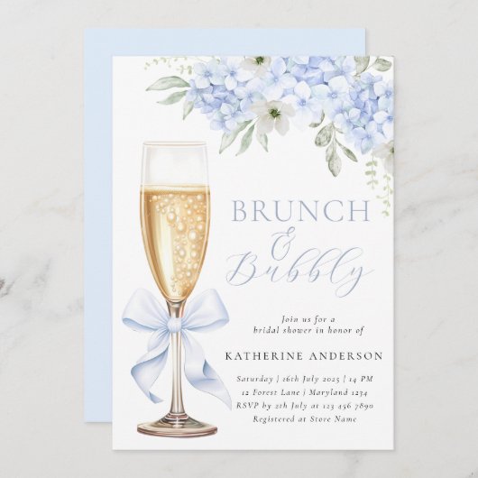 Blue Floral Bridal Brunch Shower Invitation Einladung (Vorne/Hinten)