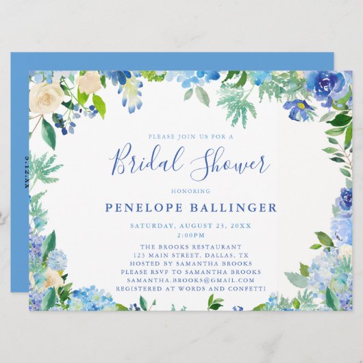 Blue Floral Bridal Dusche Einladungen (Vorne/Hinten)