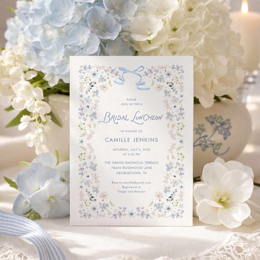 Blue Floral Bridal Luncheon with Bow Einladung