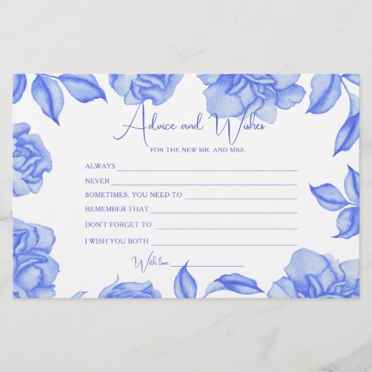 blue Floral Bridal Shower Advice and Wishes Briefpapier (Vorderseite)