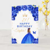 Blue Floral Brown Hair Girl Happy Birthday Karte (Gelbe Blume)