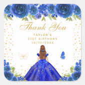 Blue Floral Brown Hair Princess Birthday Party Quadratischer Aufkleber (Vorderseite)