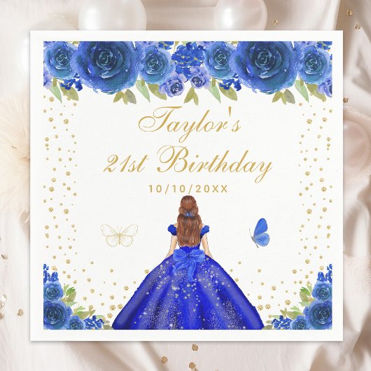 Blue Floral Brown Hair Princess Birthday Party Serviette
