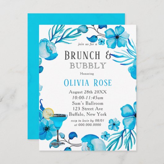 Blue Floral Brunch & Bubbly Einladung (Vorne/Hinten)