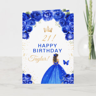 Blue Floral Brünett Hair Girl Happy Birthday Karte