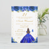 Blue Floral Brunette Princess Birthday Party Einladung (Stehend Vorderseite)