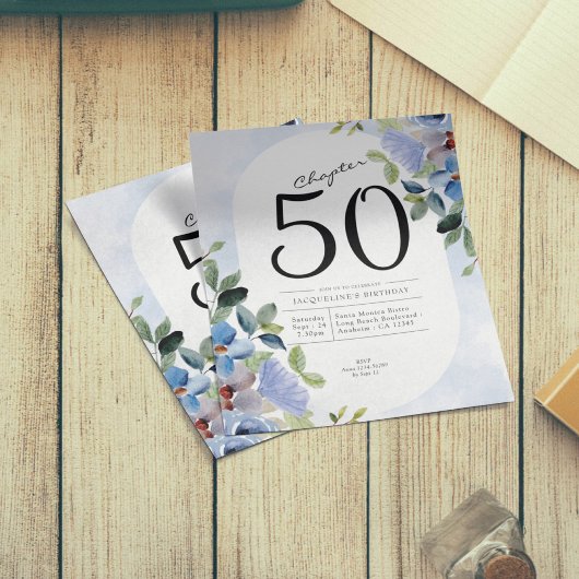 Blue Floral Budget 50. Geburtstag Einladung Flyer
