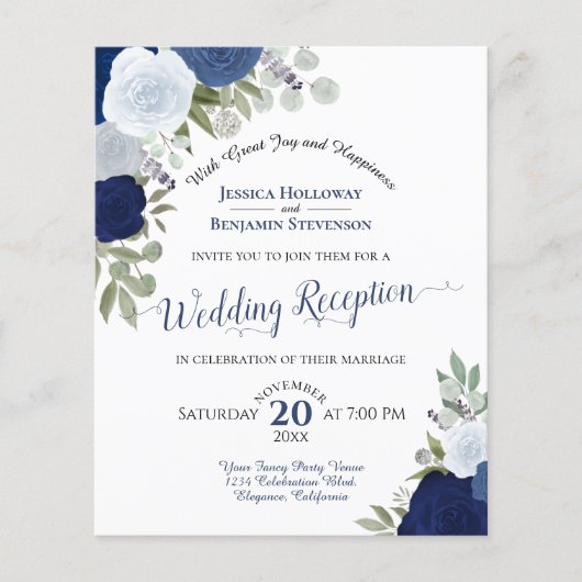 Blue Floral Budget Hochzeitsempfang Einladung (Vorderseite)
