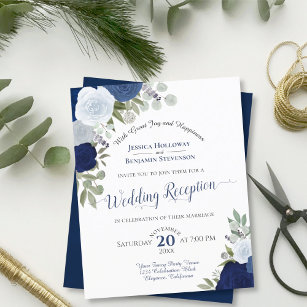 Blue Floral Budget Hochzeitsempfang Einladung