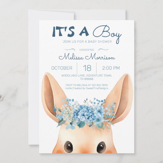 Blue Floral Bunny Baby Boy Dusche Einladung (Vorderseite)