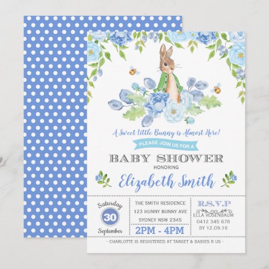 Blue Floral Bunny Baby Dusche Woodland Boy Rabbit Einladung (Vorne/Hinten)