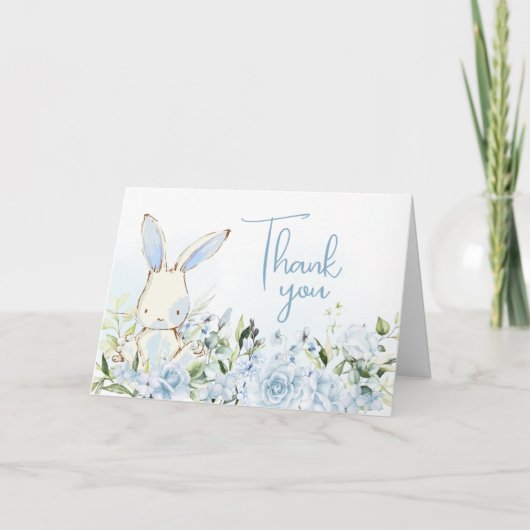 Blue Floral Bunny Rabbit Baby Dusche Dankeskarte (Vorderseite)