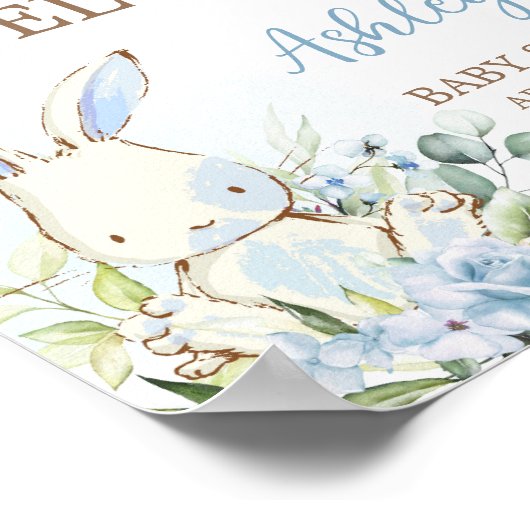 Blue Floral Bunny Rabbit Baby Dusche Willkommen Poster (Ecke)