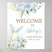 Blue Floral Bunny Rabbit Baby Dusche Willkommen Poster (Vorne)