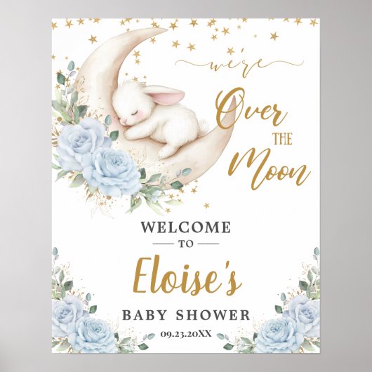 Blue Floral Bunny Rabbit Moon Baby Shower Welcome Poster (Vorne)