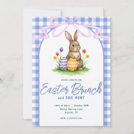 Blue Floral Bunny Watercolor Gingham Ribbon Easter Einladung