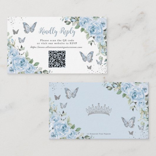 Blue Floral Butterfisch Quinceañera QR Code UAWG Begleitkarte (Vorne/Hinten)
