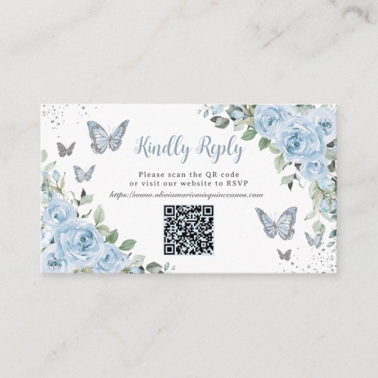 Blue Floral Butterfisch Quinceañera QR Code UAWG Begleitkarte (Vorderseite)