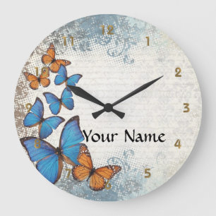 Blue floral butterflies große wanduhr