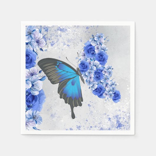 Blue Floral Butterfly Paper Napkins Serviette (Vorderseite)