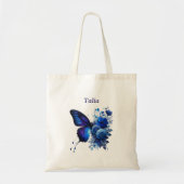 Blue Floral Butterfly Personalisiert Tragetasche (Vorne)