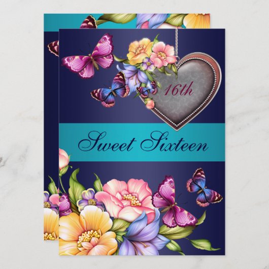 Blue Floral Butterfly Sweet16 Birthday Einladung (Vorne/Hinten)