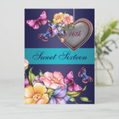 Blue Floral Butterfly Sweet16 Birthday Einladung (Stehend Vorderseite)