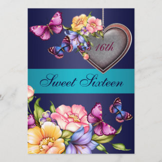 Blue Floral Butterfly Sweet16 Birthday Einladung