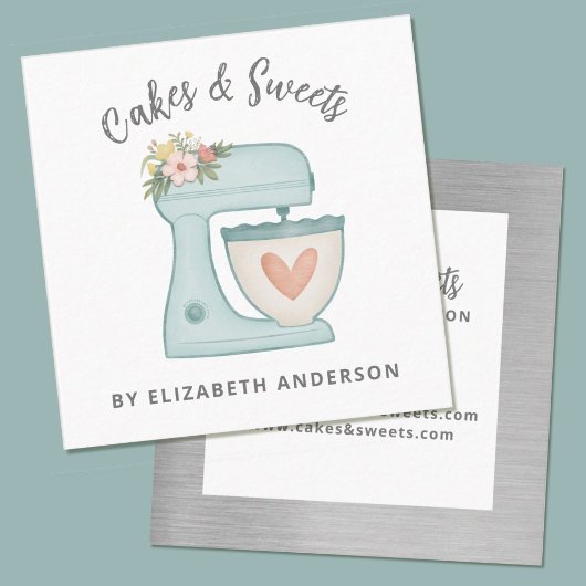 Blue Floral Cake Mixer Bakery Business Card Quadratische Visitenkarte