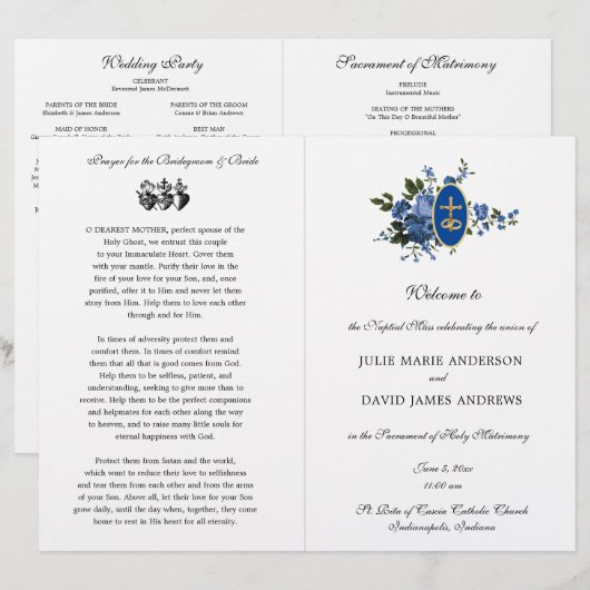 Blue Floral Catholic Latin Mass Wedding Program (Vorne/Hinten)