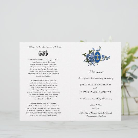 Blue Floral Catholic Latin Mass Wedding Program (Stehend Vorderseite)