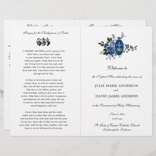 Blue Floral Catholic Latin Mass Wedding Program (Vorne/Hinten)