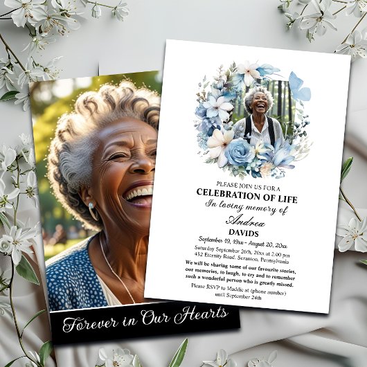Blue Floral Celebration Of Life 2 Photos Funeral  Einladung