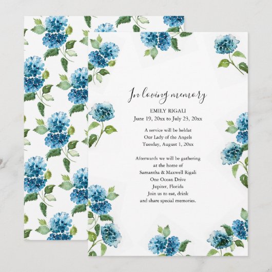 Blue Floral Celebration of Life Invitations Einladung (Vorne/Hinten)