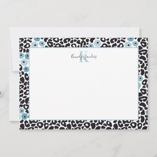 Blue Floral Cheetah Print mit/Custom Monogram & Na Dankeskarte (Vorderseite)