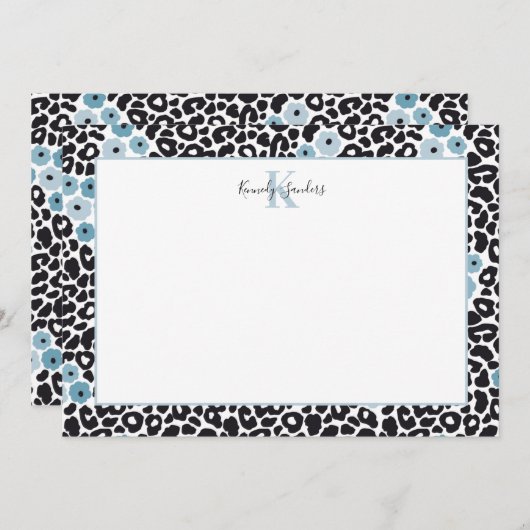 Blue Floral Cheetah Print mit/Custom Monogram & Na Dankeskarte (Vorne/Hinten)