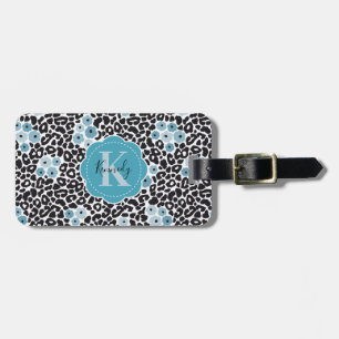 Blue Floral Cheetah Print mit/Custom Monogram & Na Gepäckanhänger
